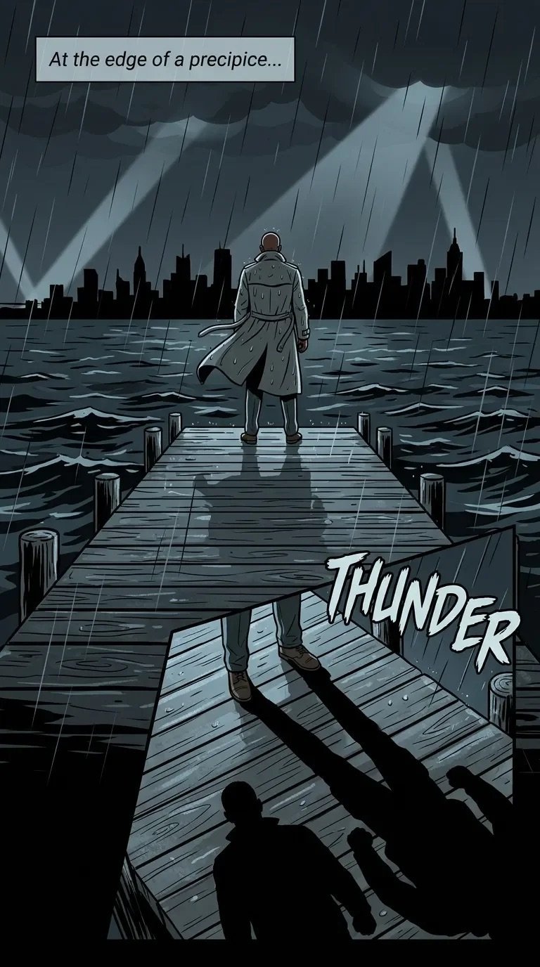 Comic panel showing a figure in a coat standing on a wooden dock during heavy rain, watching a stormy city skyline with lightning and shadowy figures below