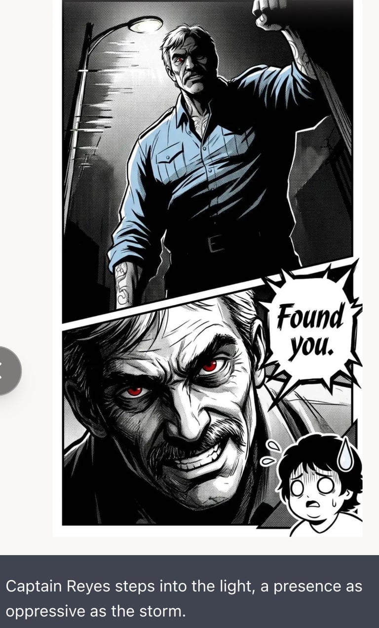 Black and white comic panel showing menacing man in light blue shirt with raised fist looming over frightened child with speech bubble saying Found you
