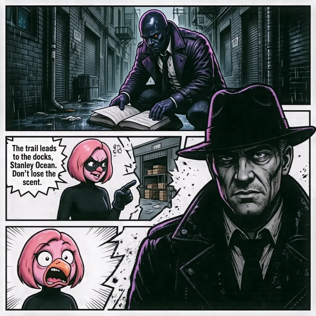 Comic panel scene showing a masked figure examining documents in an alley, with dialogue between a woman with pink hair and a detective in a fedora hat below.
