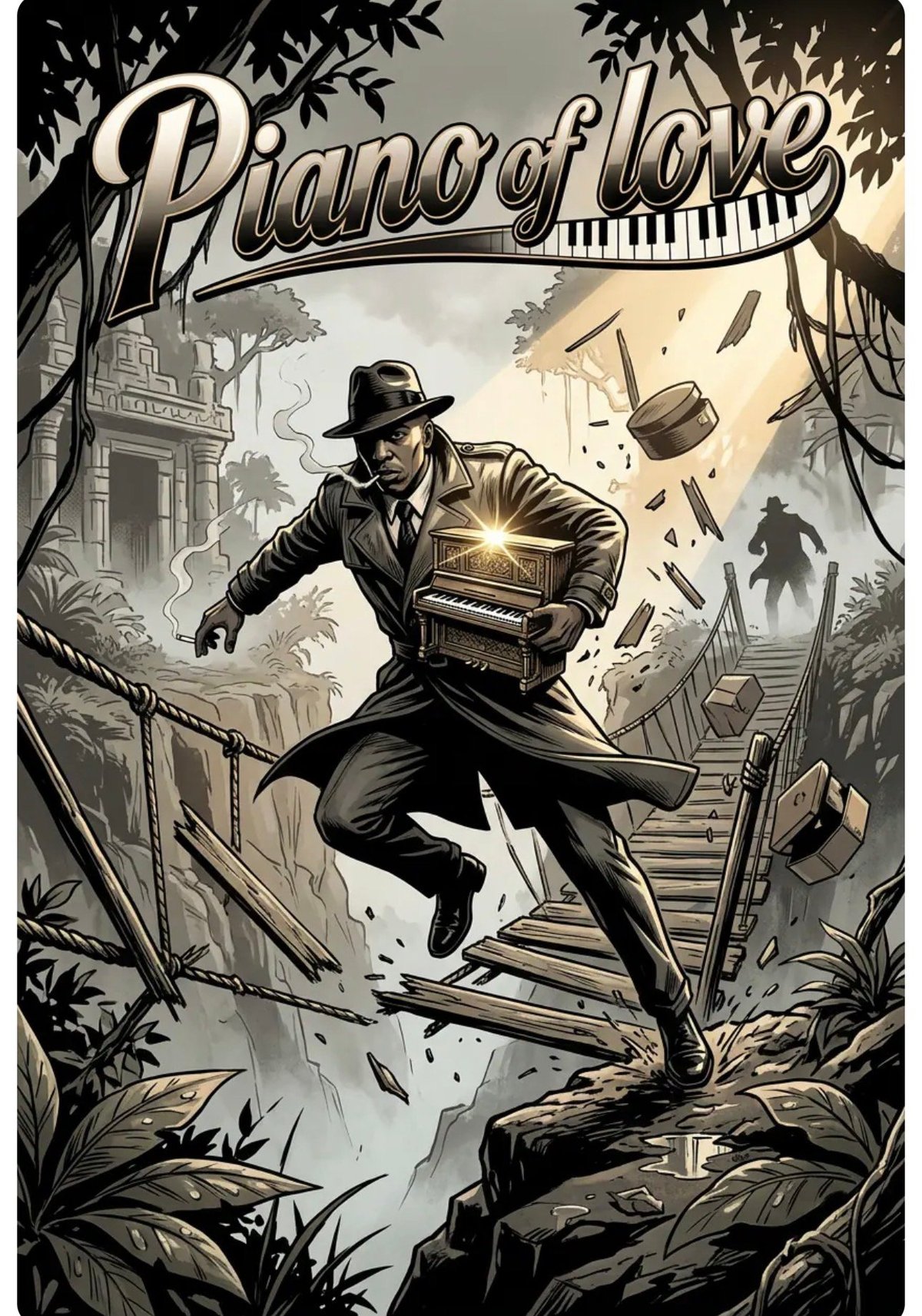 Man in suit and fedora jumping with a portable keyboard, surrounded by foliage and titled Piano of Love