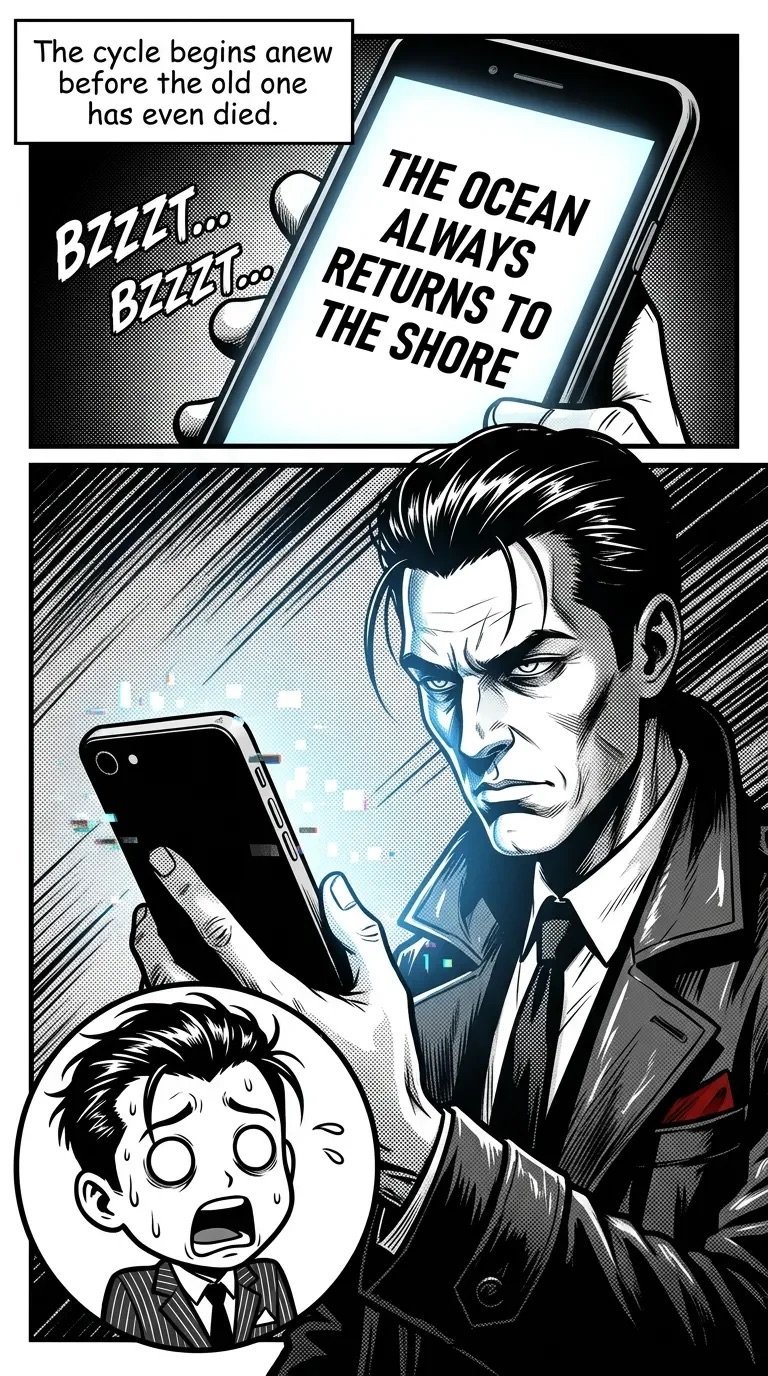Manga panel showing a man holding a phone displaying a proverb about ocean and shore, with a shocked businessman below, suggesting the cycle of lifes patterns.