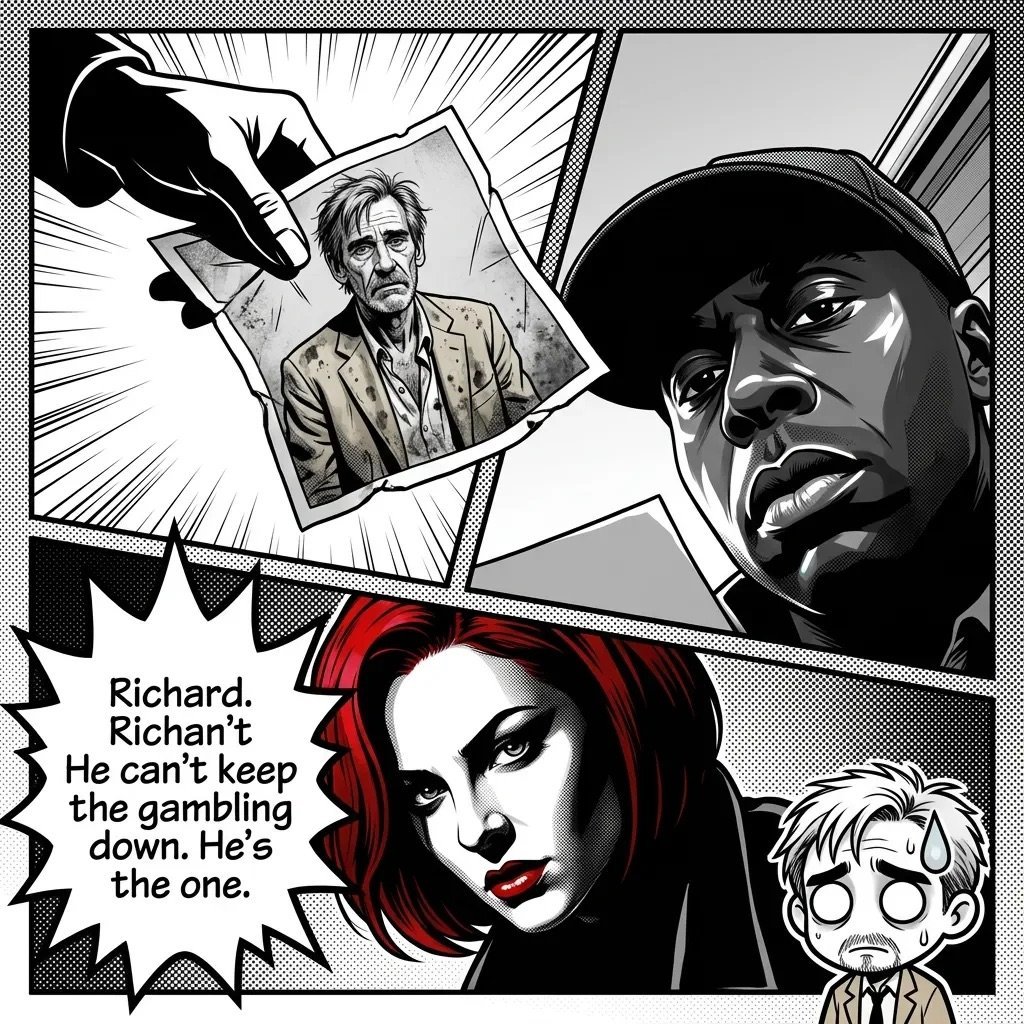 Black and white manga-style comic panel showing a man in a hat, a woman with red hair, and a photograph, with dialogue about Richards gambling.