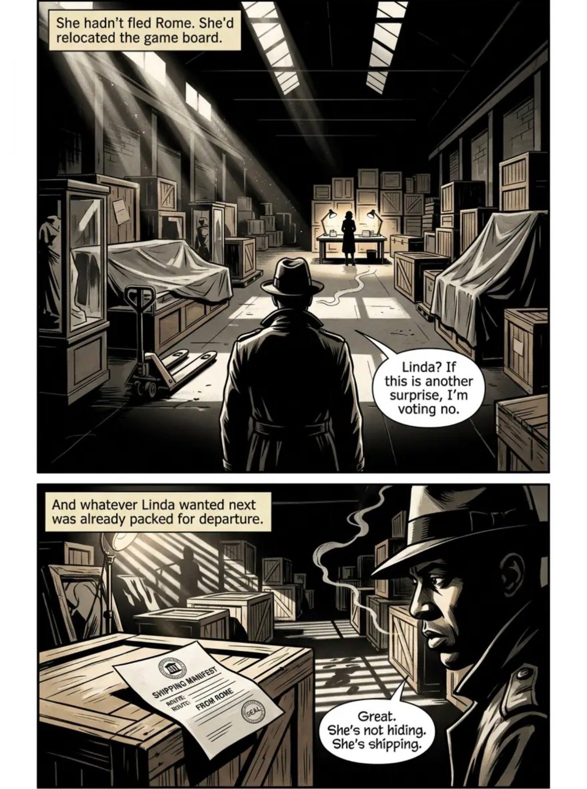 Black and white comic panels showing a noir detective story with characters in a warehouse discussing a woman named Linda who fled and relocated, with packed luggage visible.