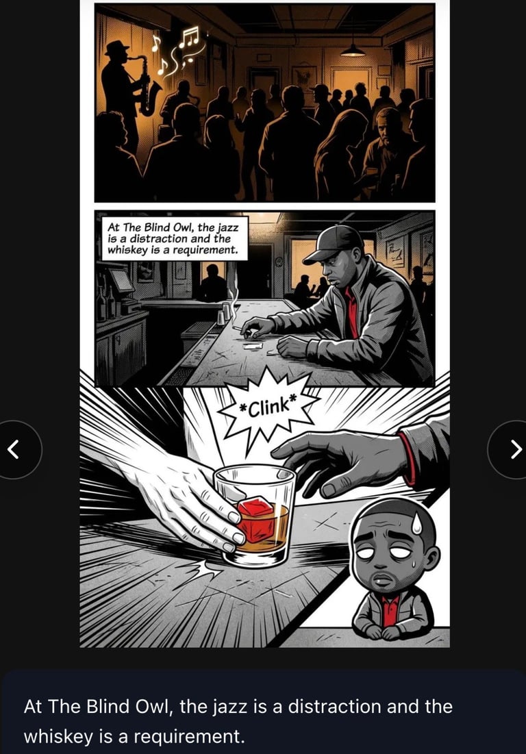 Comic panel showing a jazz club scene where a bartender pours whiskey with a clink sound, illustrating that jazz is a distraction and whiskey is a requirement.