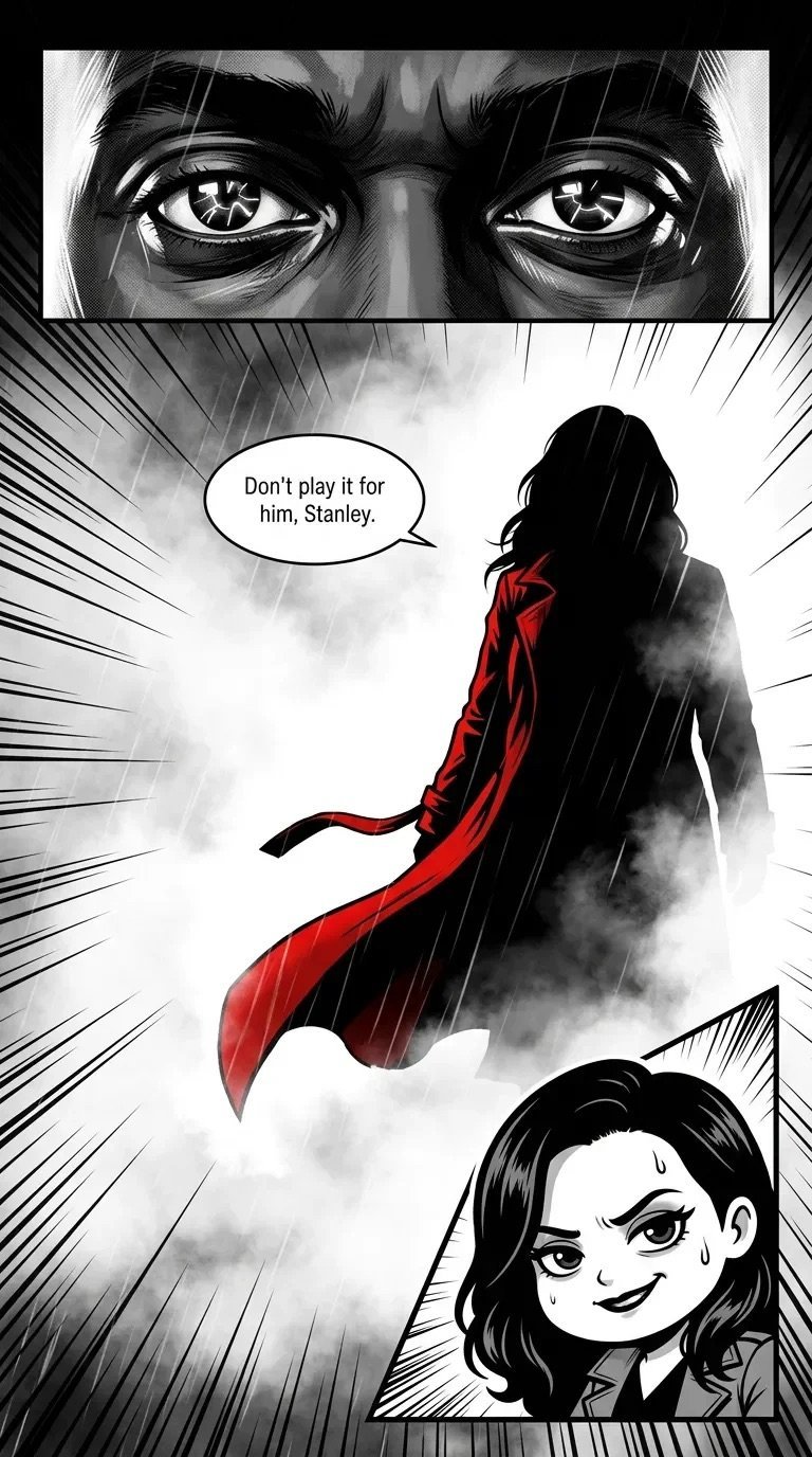Black and white manga panel showing intense eyes at top, figure with red scarf in rain, and character below saying Dont play it for him, Stanley.