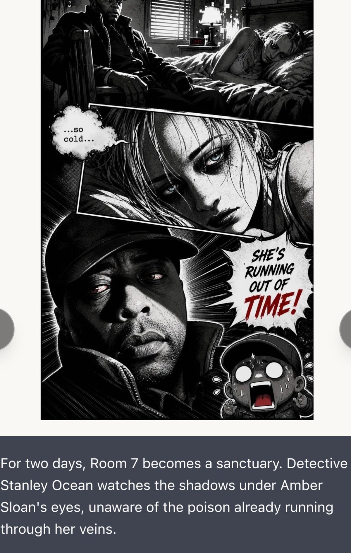 Black and white manga-style comic panel showing a detective watching a woman with poison running through her veins, with dramatic dialogue and urgent tone