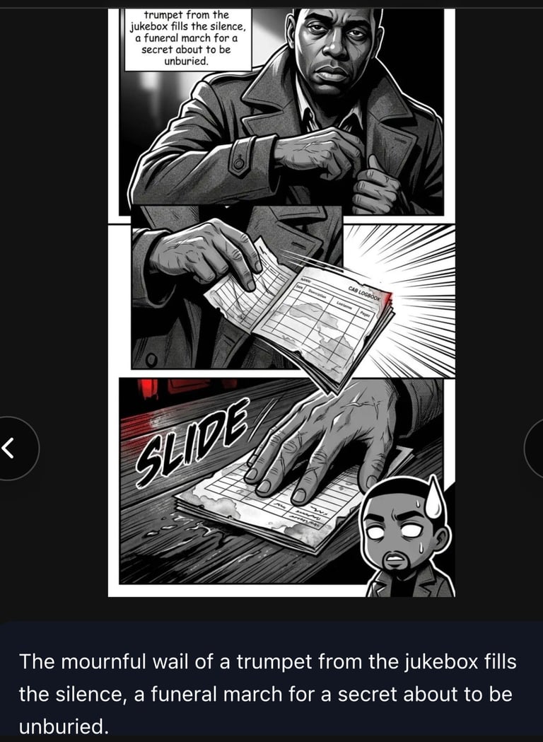 Black and white comic panel showing a man in a coat examining documents, with text describing a trumpets wail from a jukebox as a funeral march for a secret.