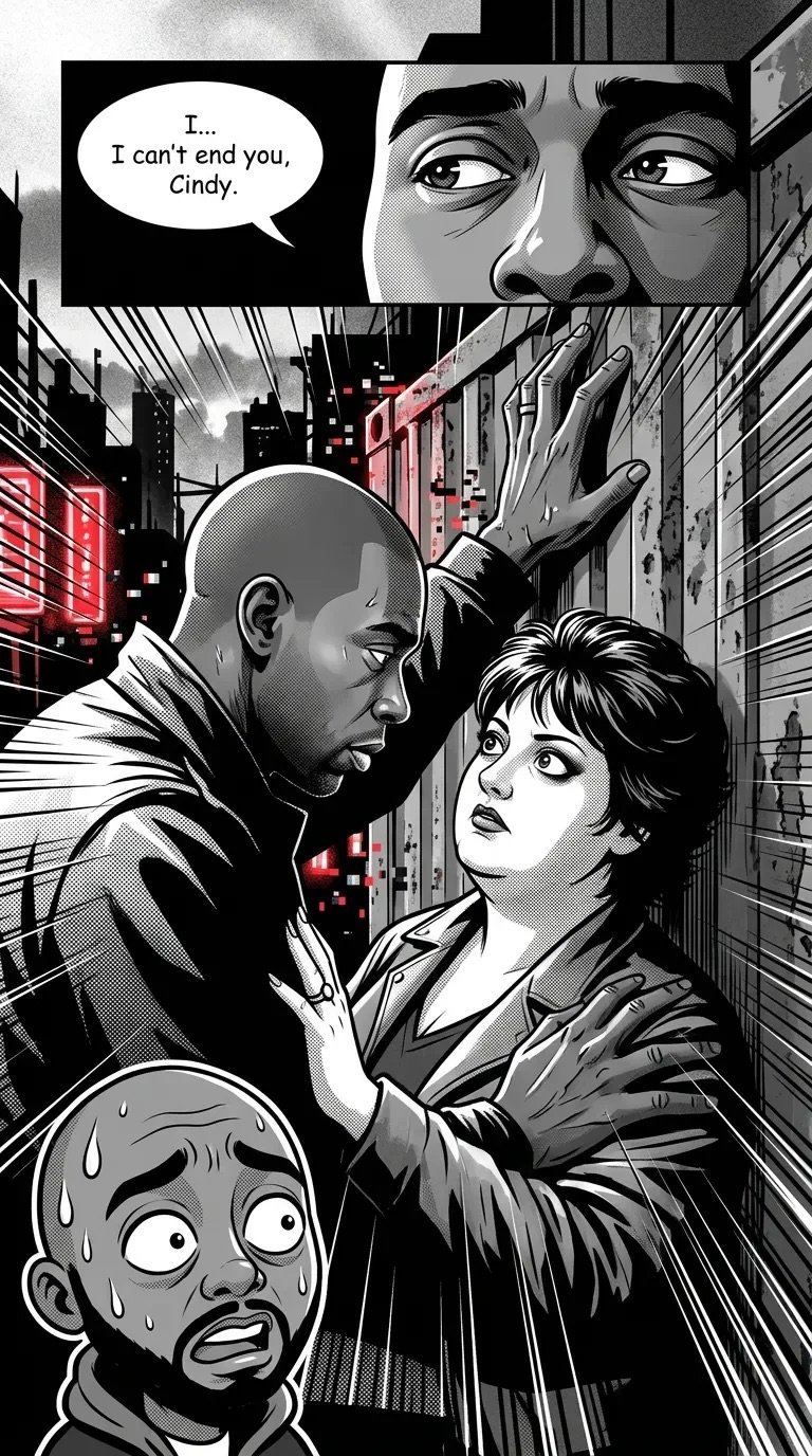 Black and white manga scene showing a man confronting a woman on a city street while a large face looms above with dialogue I cant end you Cindy