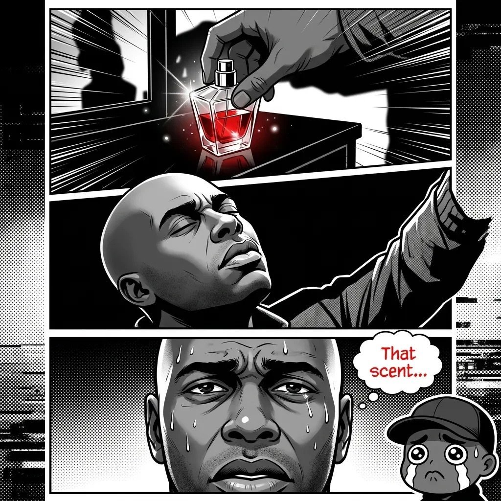 Manga panel showing a man examining a red glowing perfume bottle with dramatic speed lines and emotional reaction shots