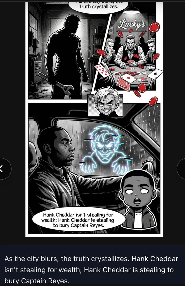 Black and white comic panels showing a man, gangsters at a poker table, and a ghostly figure, with dialogue about Hank Cheddar stealing to bury Captain Reyes.