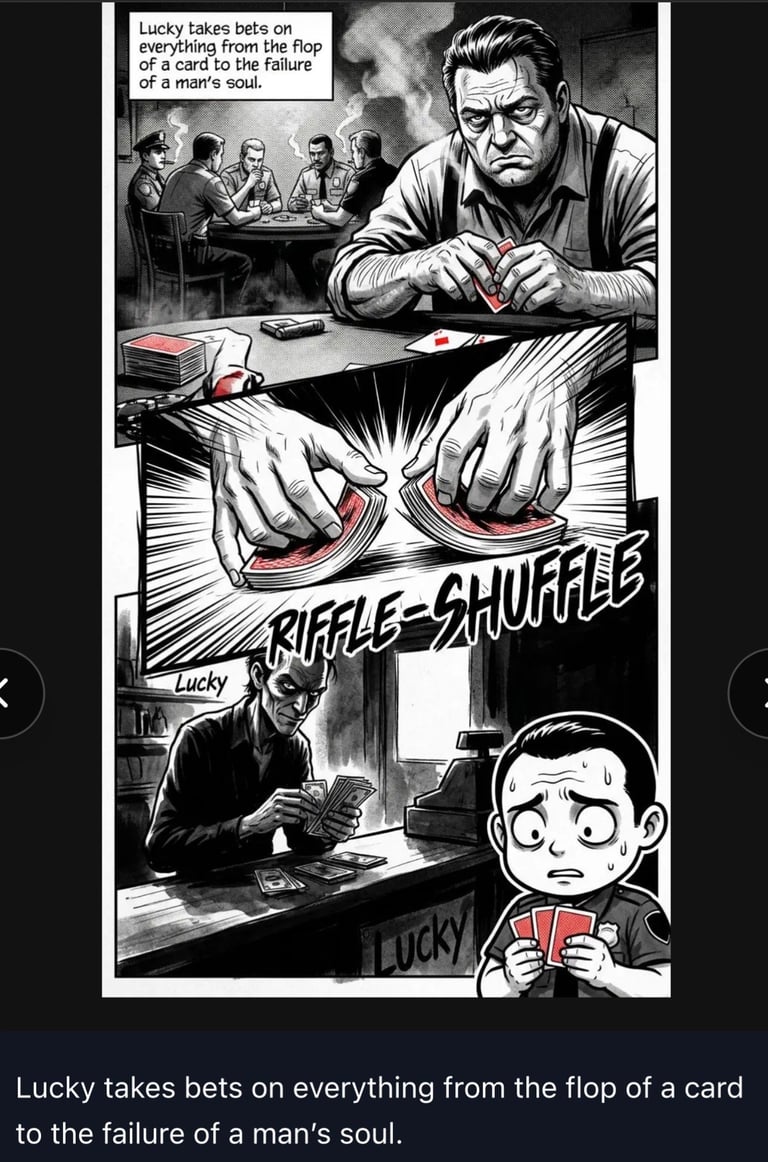 Black and white comic panel showing a man shuffling cards with text describing how Lucky bets on everything from card games to the failure of a mans soul