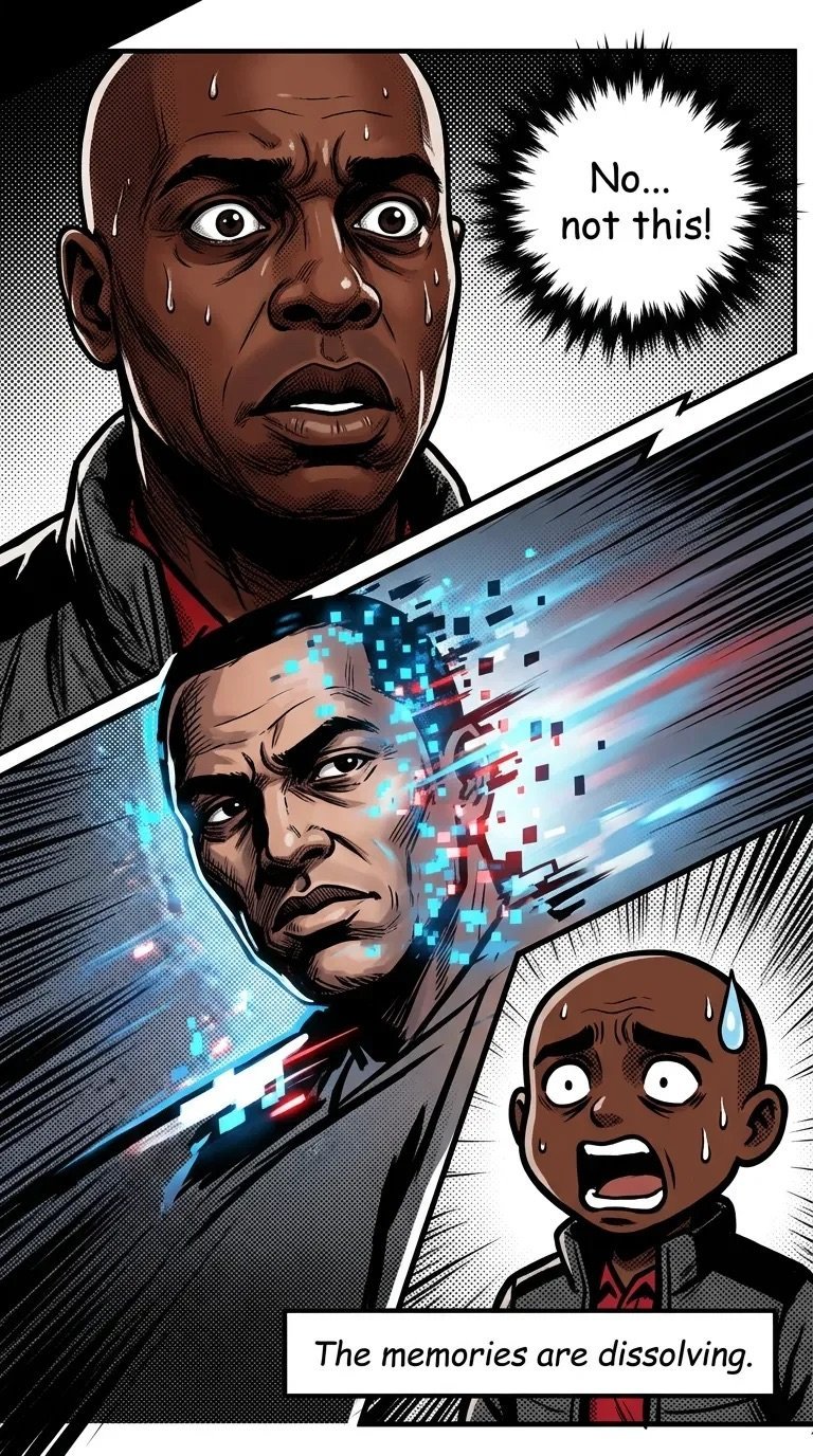 Manga-style comic panel showing a man's distressed face saying No, not this! with a second figure digitally disintegrating below, captioned The memories are dissolving.