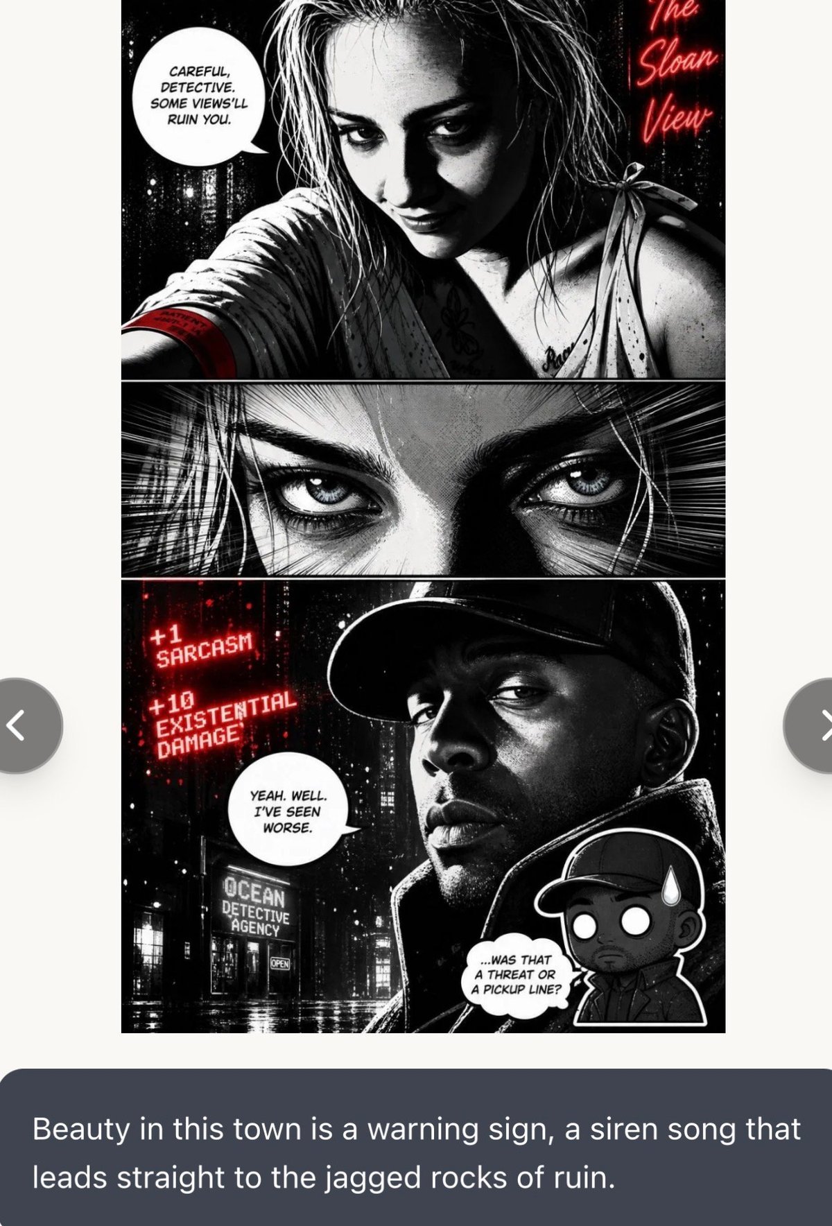 Black and white comic-style movie poster with three panels showing characters and dialogue, featuring noir aesthetic and red text overlays