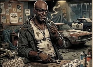 Mechanic with tattoos and glasses working in a garage, holding a wrench with classic cars visible in background