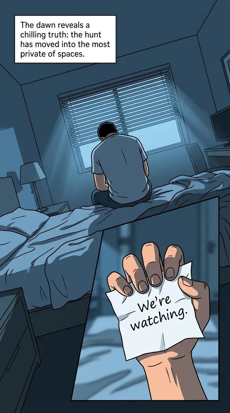 Illustration of a person sitting on a bed at dawn with a hand holding a note reading Were watching visible in foreground