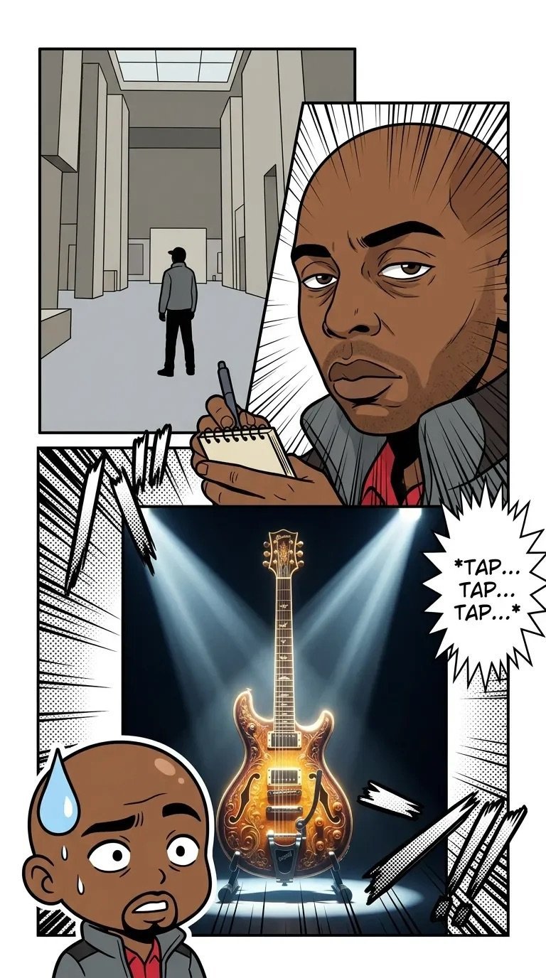 Comic panel showing man in modern corridor, closeup of his face holding notepad, and ornate guitar under stage lights with anxious character below