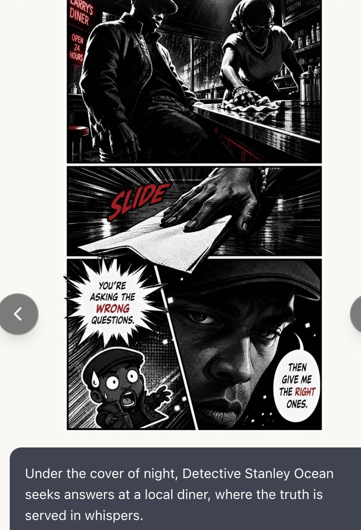 Black and white noir comic panels showing Detective Stanley Ocean at a diner interrogating suspects with dialogue bubbles