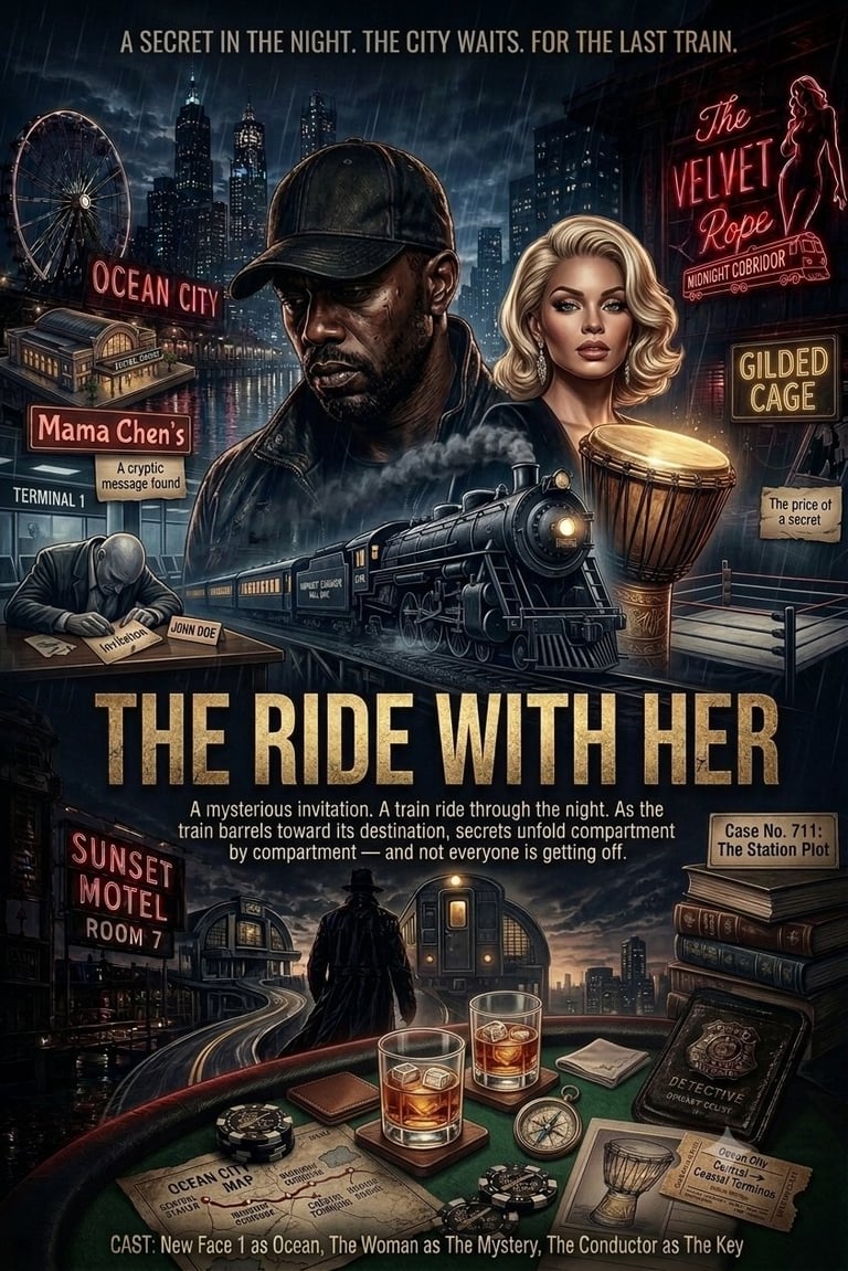 Movie poster for The Ride with Her featuring a noir-style scene with a man in a cap, a blonde woman, a steam locomotive, and vintage neon signs from Ocean City and The Velvet Rope