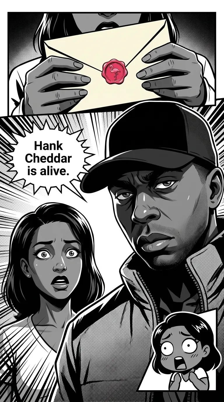 Black and white manga-style comic panel showing a person holding an envelope with a red wax seal, with shocked characters and text reading Hank Cheddar is alive.