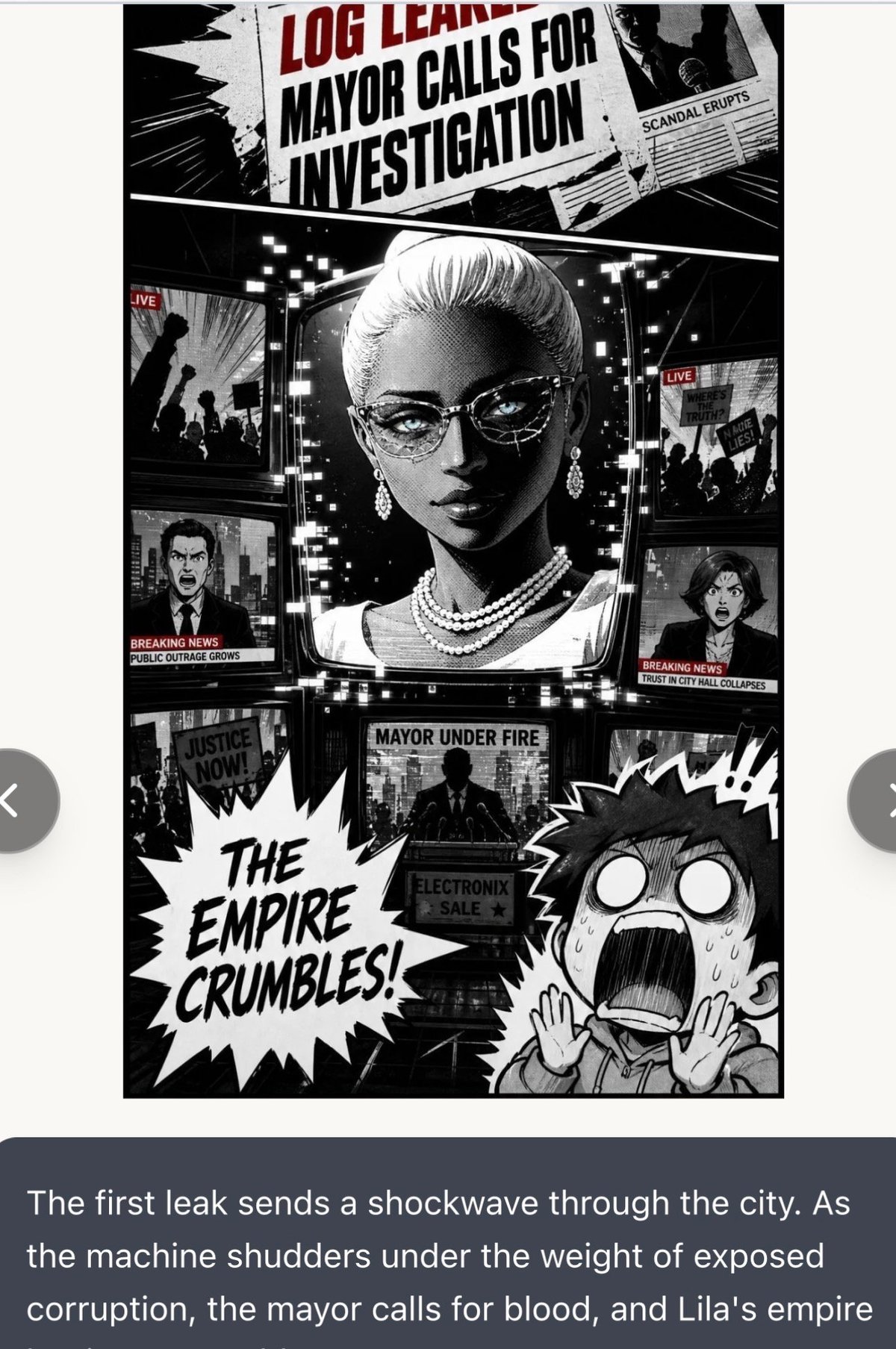 Black and white comic-style illustration featuring a woman with glasses and pearl necklace surrounded by newspaper headlines about political scandal and corruption investigation