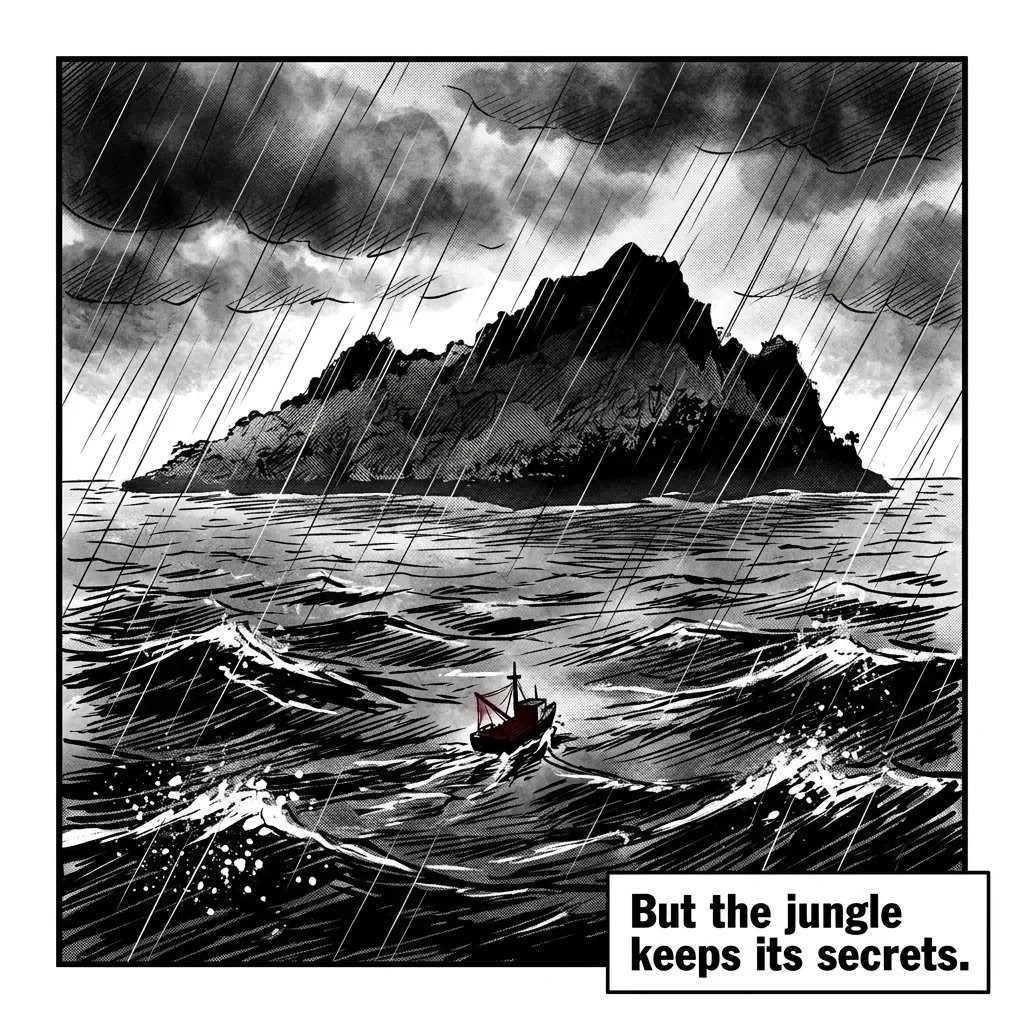 A small boat navigates stormy seas toward a dark mountainous island in heavy rain, with text reading But the jungle keeps its secrets.