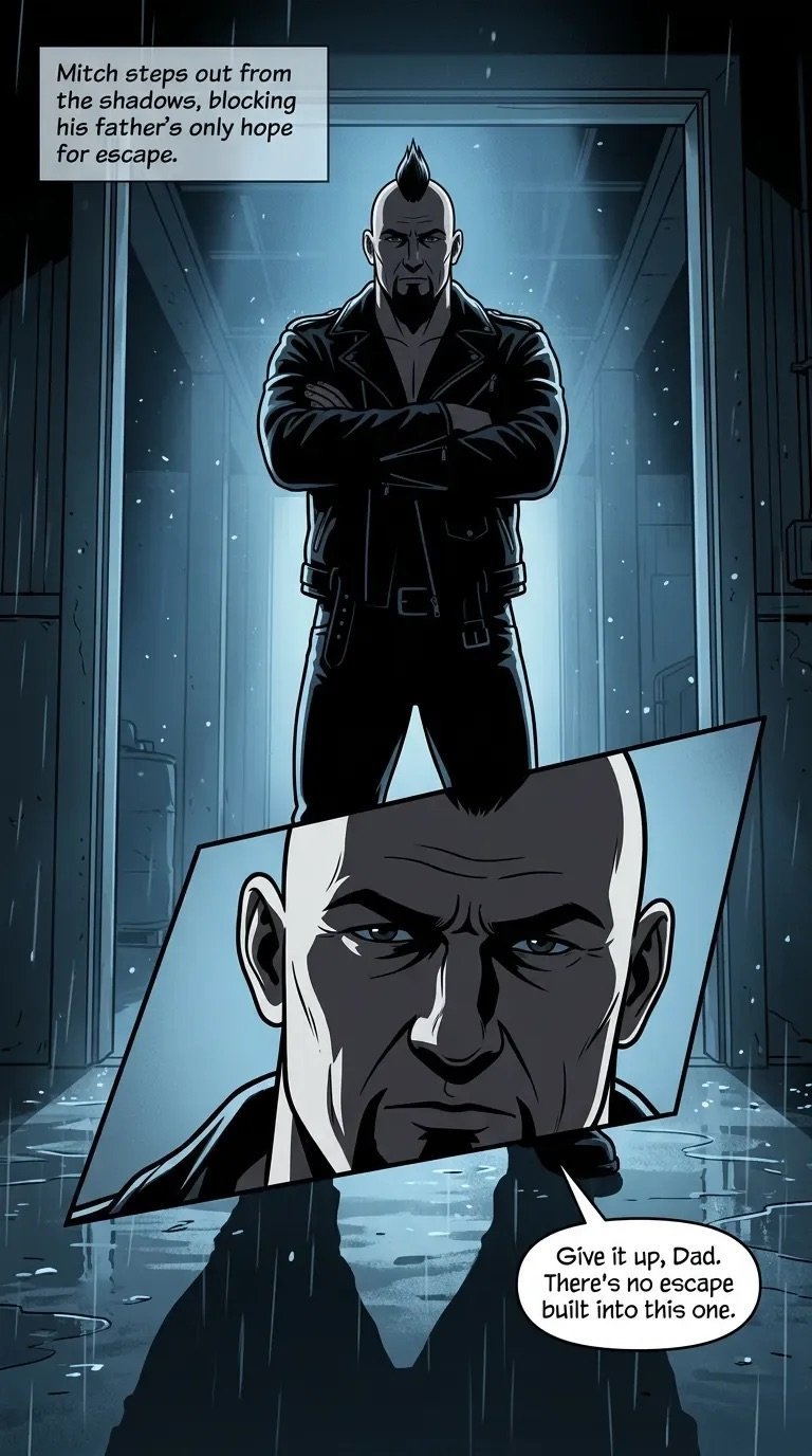 Comic panel showing a man in black coat standing in doorway above an angry face, with dialogue about escape