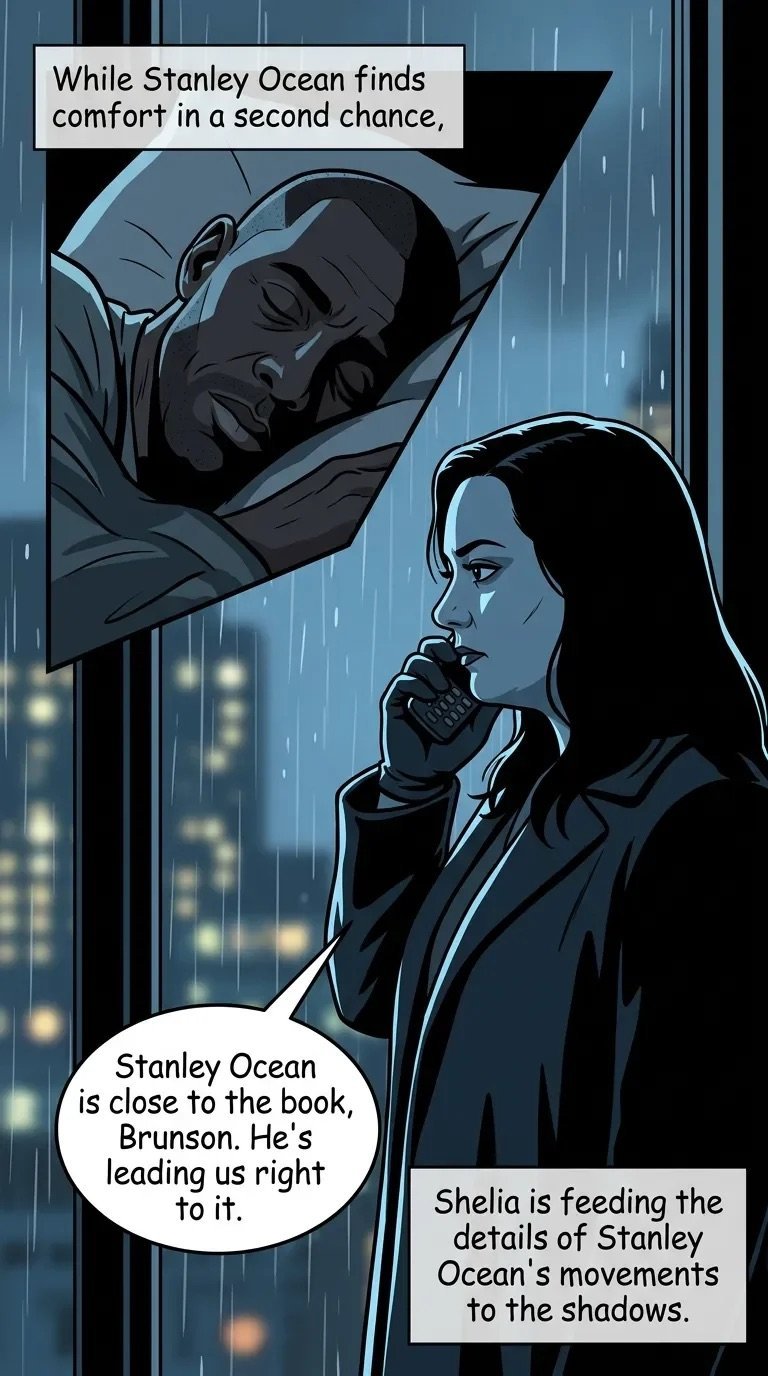 Comic panel showing a woman at a rainy window observing a sleeping mans face in shadow above, with dialogue about finding comfort and tracking Stanley Oceans movements.