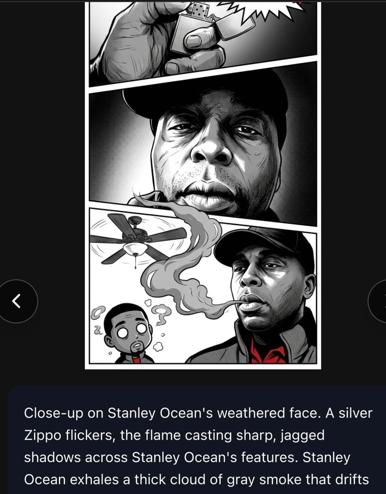 Black and white comic panel showing Stanley Oceans weathered face with a lit Zippo lighter, smoke drifting, with dramatic shadows.