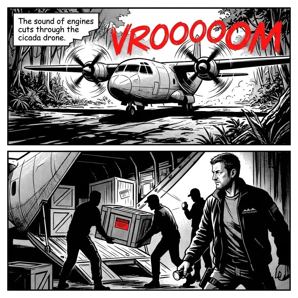 Black and white comic panels showing military transport plane with VROOOOM sound effect and soldiers exiting aircraft