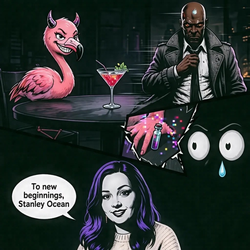 Illustrated collage with pink horned demon, man in leather jacket, cosmetic products, and woman with purple hair saying To new beginnings, Stanley Ocean