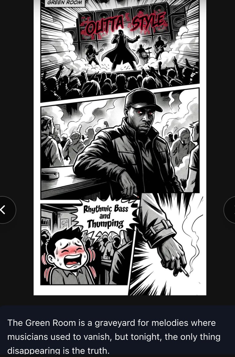 Black and white manga-style comic panel showing a man in a hat at a concert venue called The Green Room with crowds of people