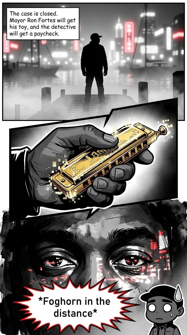 Comic panel showing a silhouetted figure in a noir city, followed by a hand holding a golden harmonica, and a characters red eyes with a foghorn sound effect