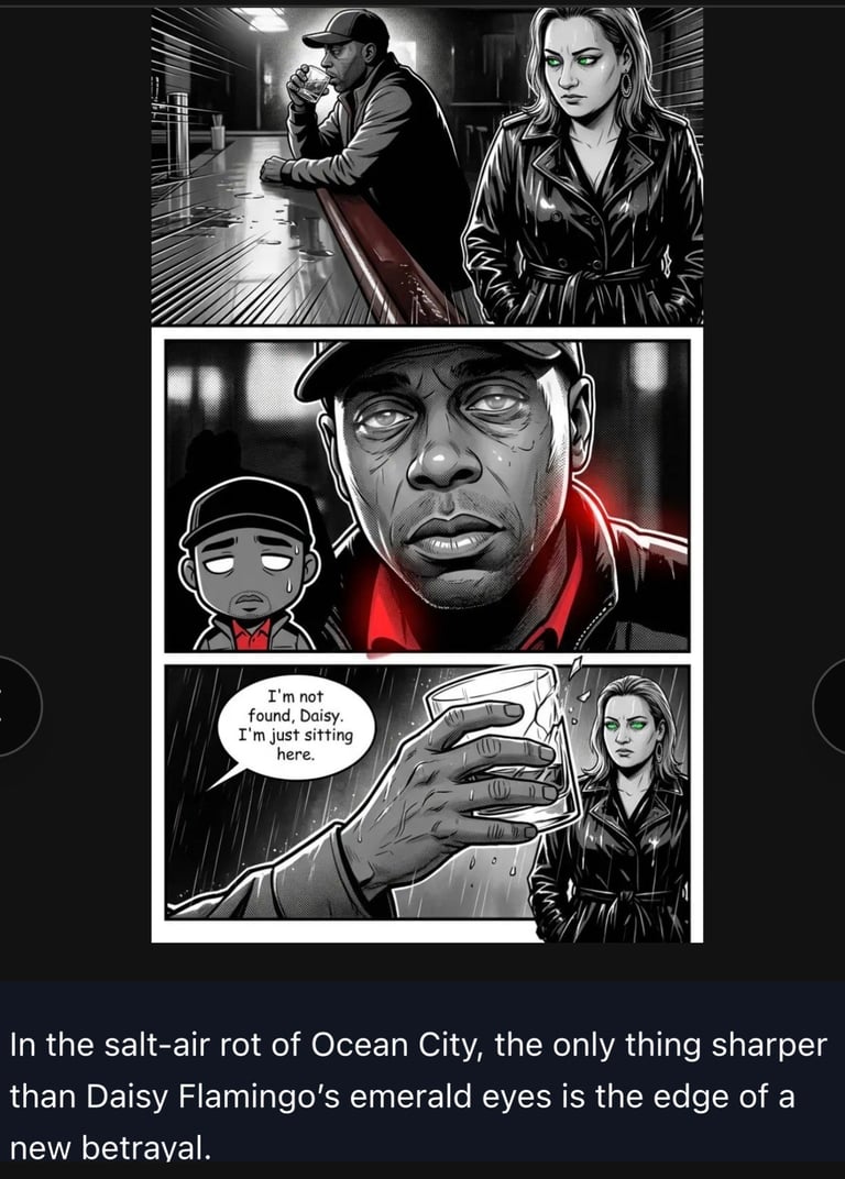 Black and white noir comic panels showing characters in Ocean City with a man in red jacket and a woman in leather jacket, featuring dialogue about betrayal