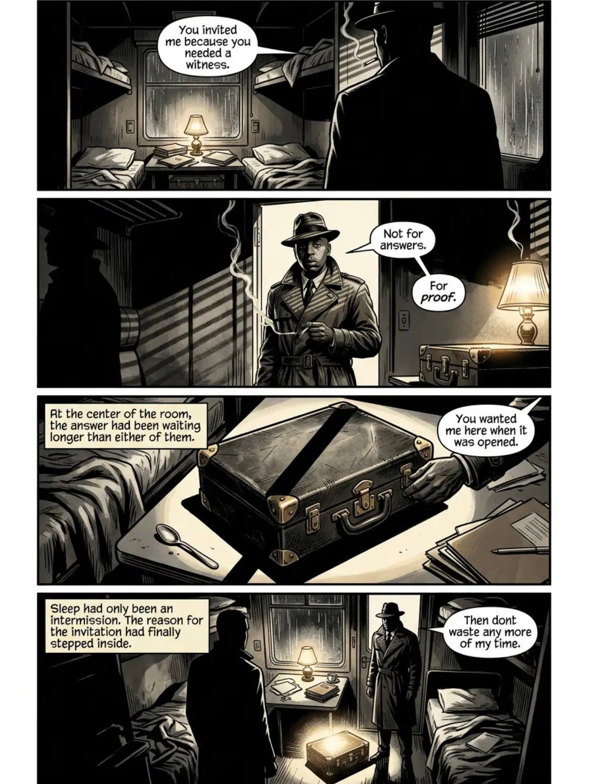 Film noir comic panel sequence showing two silhouetted figures in a bedroom discussing an invitation and an open suitcase with dialogue about reasons for the visit