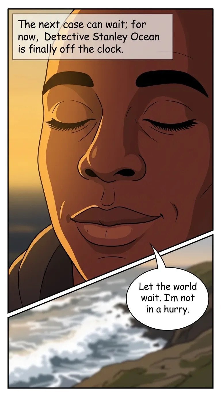 Comic panel showing Detective Stanley Ocean with eyes closed at a beach, saying he is off the clock and not in a hurry.