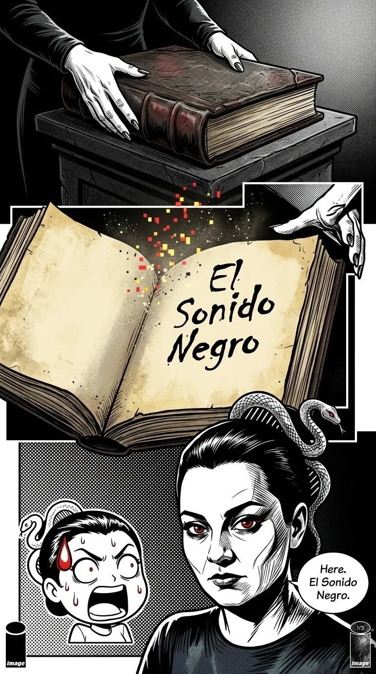 Comic book illustration showing a person discovering El Sonido Negro, a mysterious dark book with magical effects and floating particles