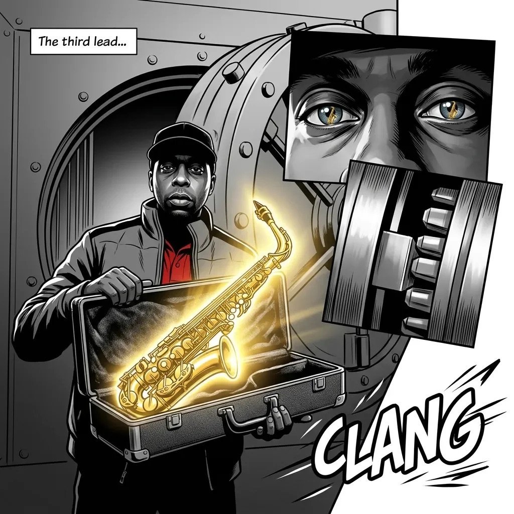 Stylized artwork of a figure holding a glowing golden saxophone emerging from a briefcase, with a robotic face and CLANG text