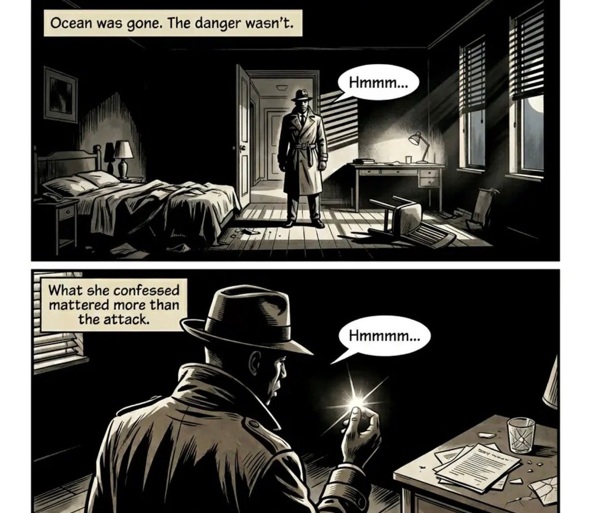 Black and white comic panels showing a man in a coat discovering his partners darker confession in a bedroom setting.