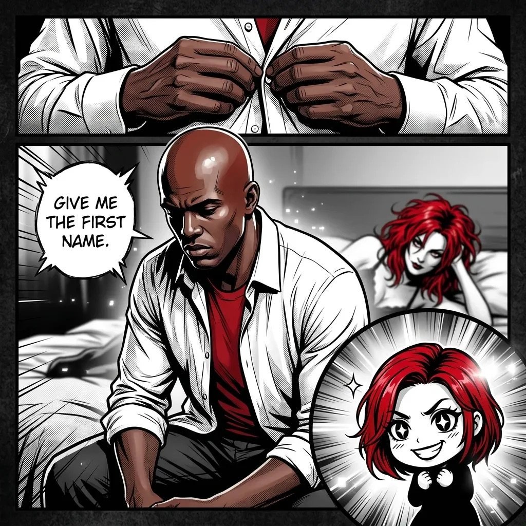 Comic panel: man in white shirt and red undershirt speaking to a character with red hair, with text reading Give me the first name.