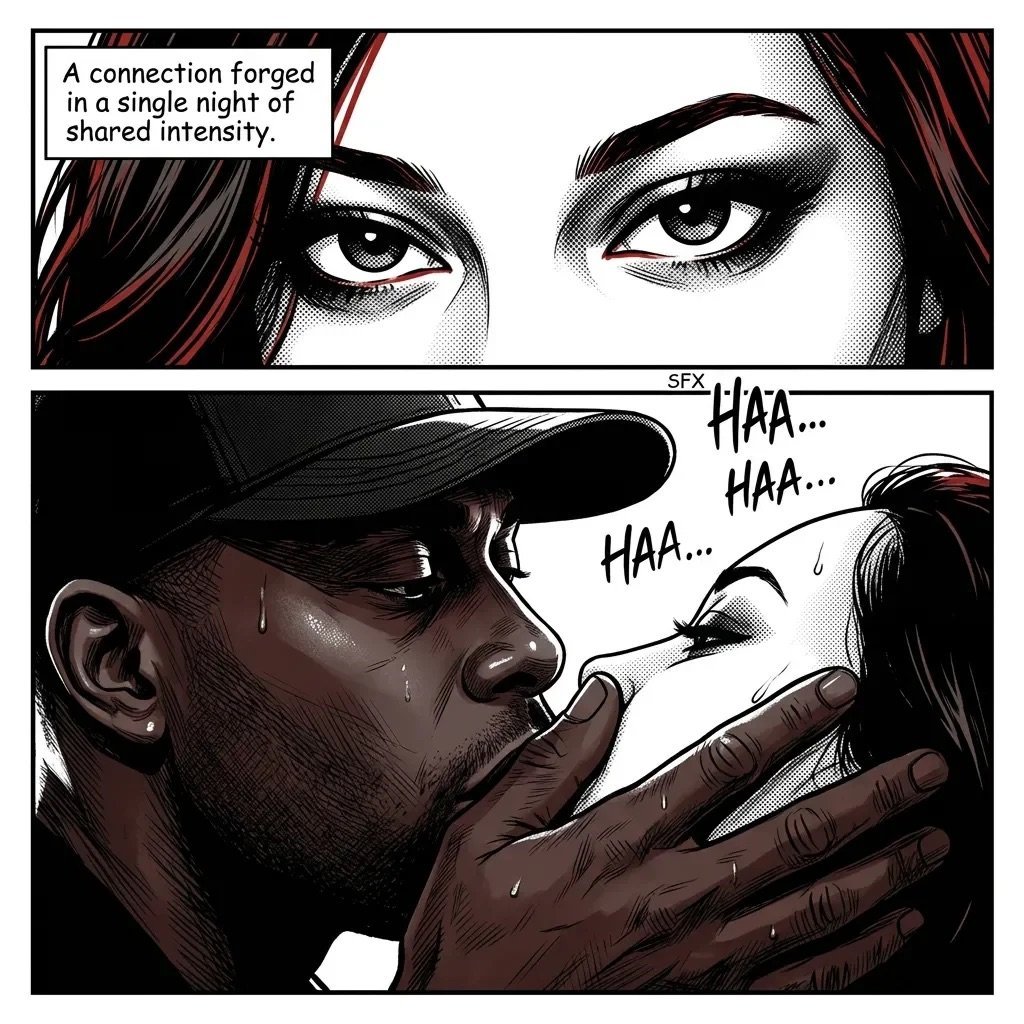 Comic panel showing two people sharing an intimate moment with intense eye contact and laughter, connected through shared intensity.