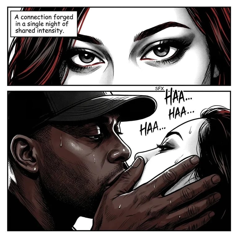Comic panel showing two people sharing an intimate moment with intense eye contact and laughter, connected through shared intensity.