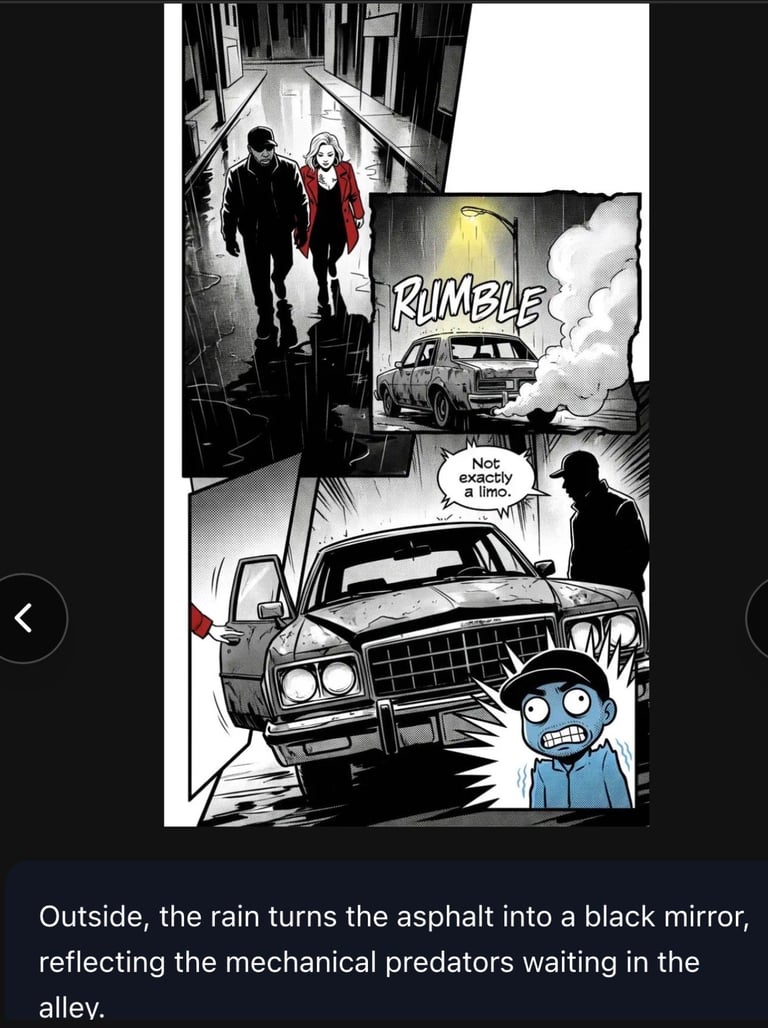 Comic book page showing two people in an alley above, and a car crash scene below with a frightened character and rumble sound effect