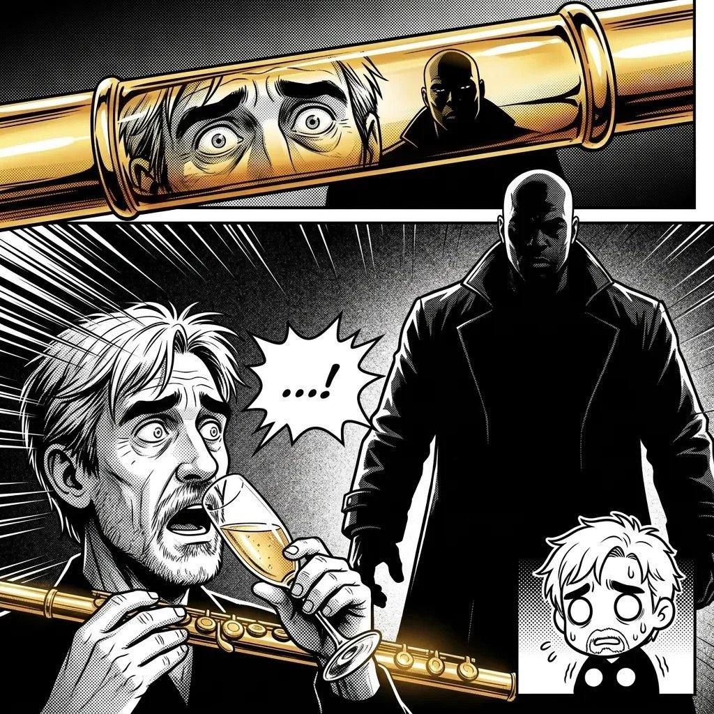 Black and white manga panel showing a man examining a golden telescope containing fearful faces, with a menacing figure and frightened child below