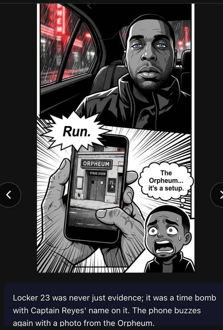 Black and white comic panel showing a man in a car looking alarmed, holding a phone displaying the Orpheum with Run text and another characters shocked reaction below.