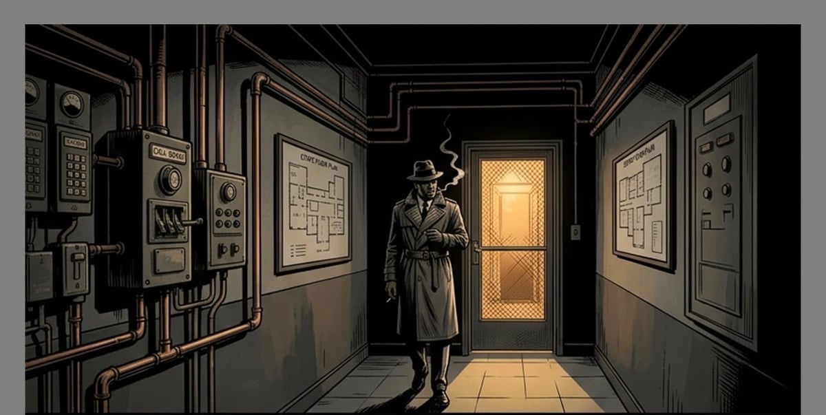 Figure in trench coat standing in industrial corridor with control panels and glowing doorway ahead