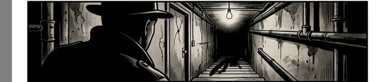 Silhouette of a person in a dark, narrow industrial hallway with overhead pipes and hanging light bulb