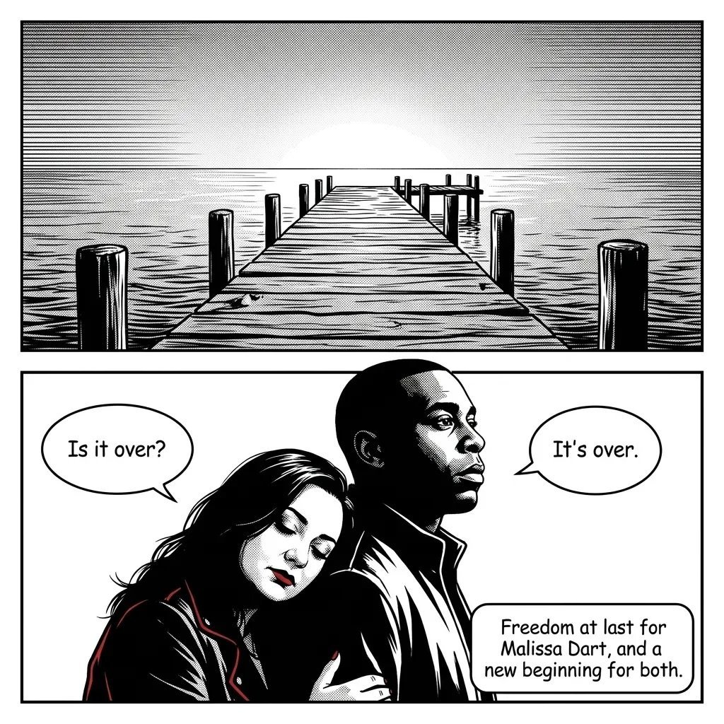 Comic panel showing two people with dialogue Is it over? and Its over about freedom, with a dock extending into water above.