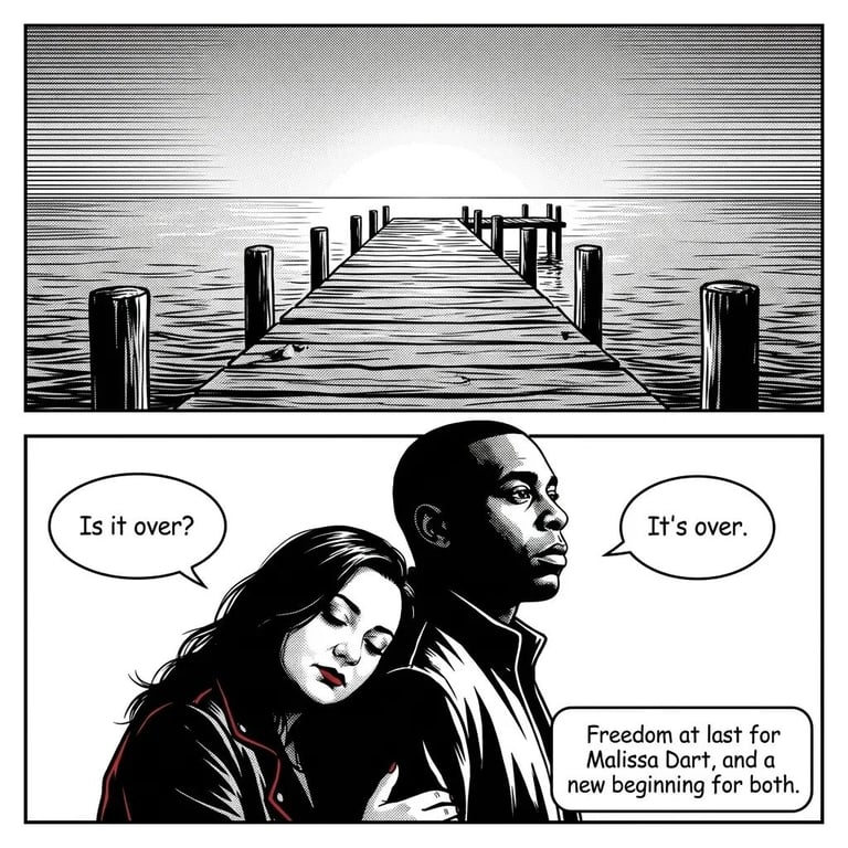 Comic panel showing two people with dialogue Is it over? and Its over about freedom, with a dock extending into water above.