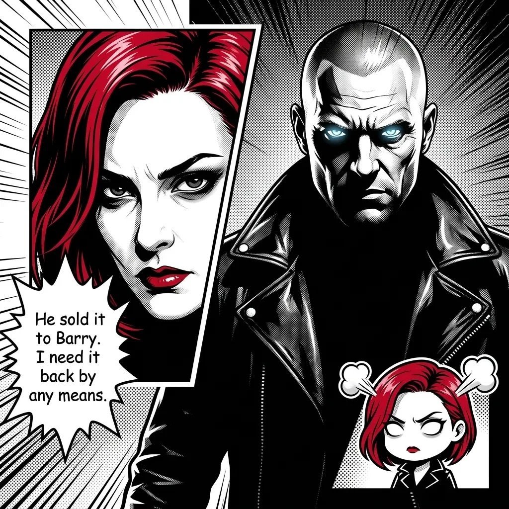 Comic panel showing woman with red hair and man in black leather jacket. Woman says he sold it to Barry and she needs it back by any means, with smaller angry character in corner.