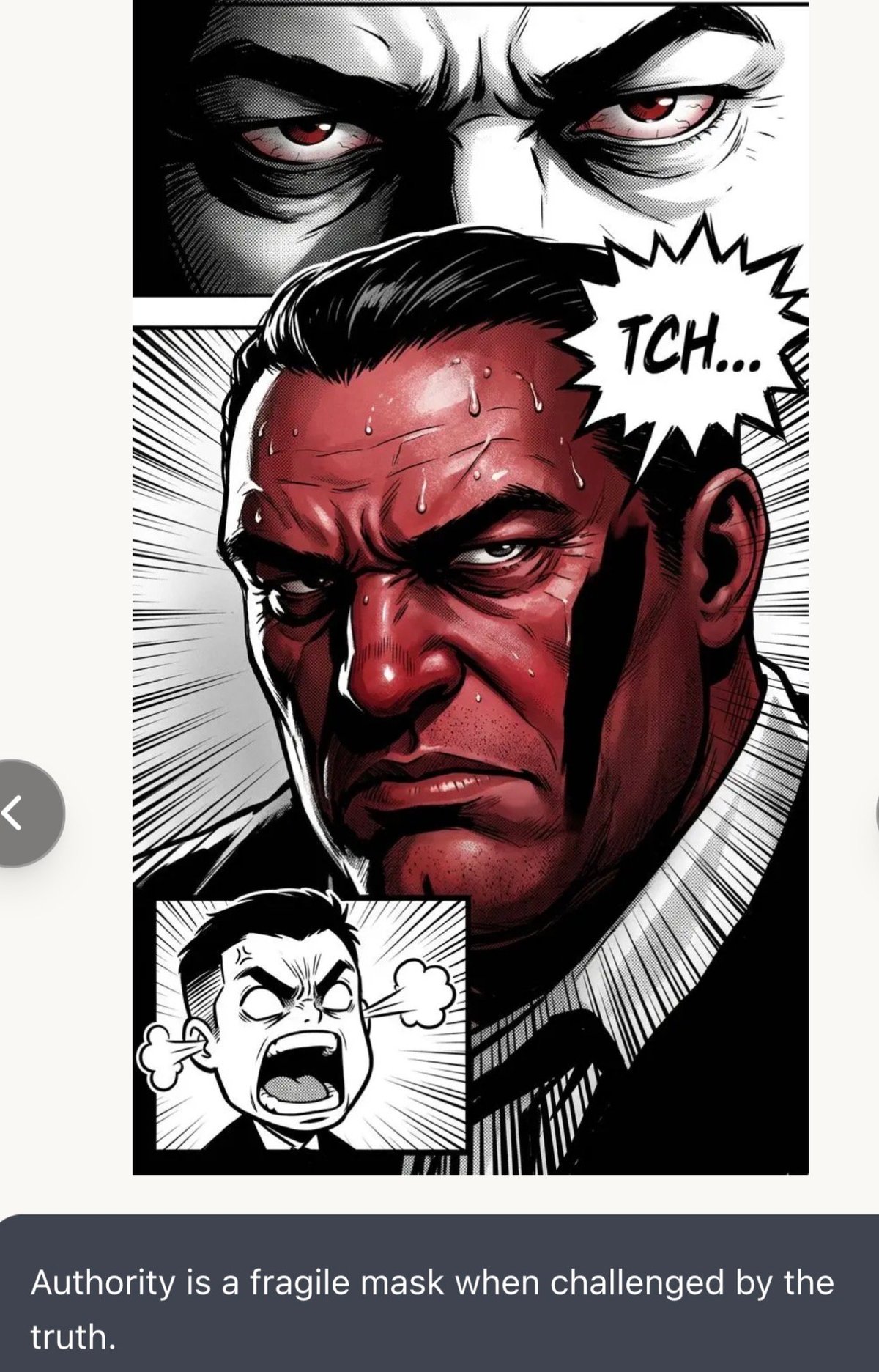 Manga-style illustration showing a red-faced character with intense expression and dialogue bubble reading TCH... with smaller panel showing an angry face